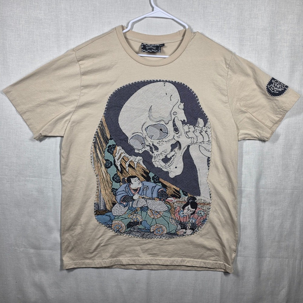 Rebel Vengeance T Shirt Mens XXL Tan Japanese Tapestry Skull Samurai Patch Tee